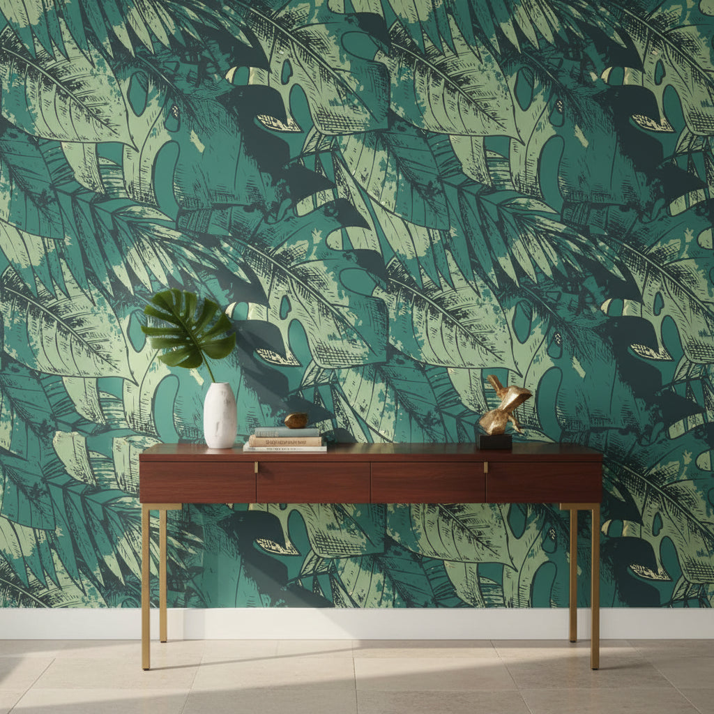 Teal Monstera Leaf Botanical Wallpaper