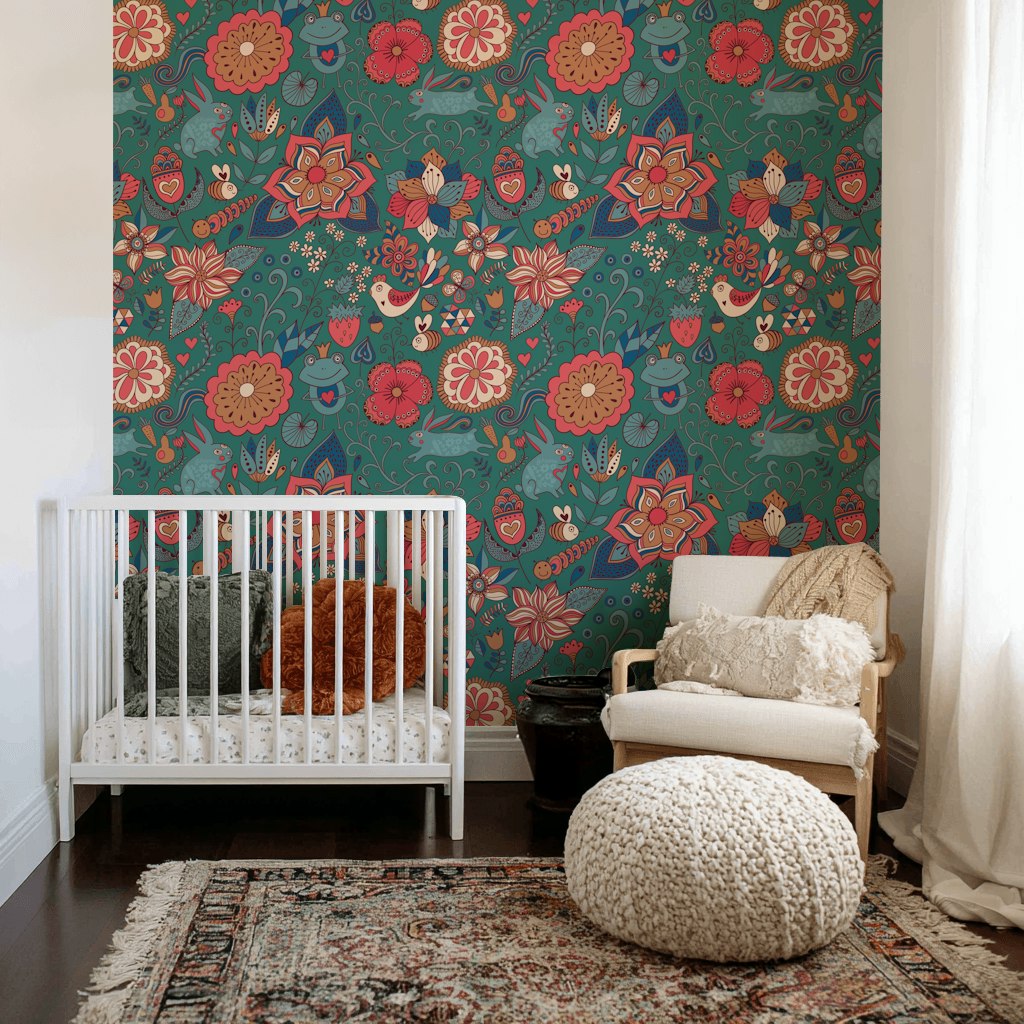 Teal Bohemian Jungle Animal and Floral Wallpaper