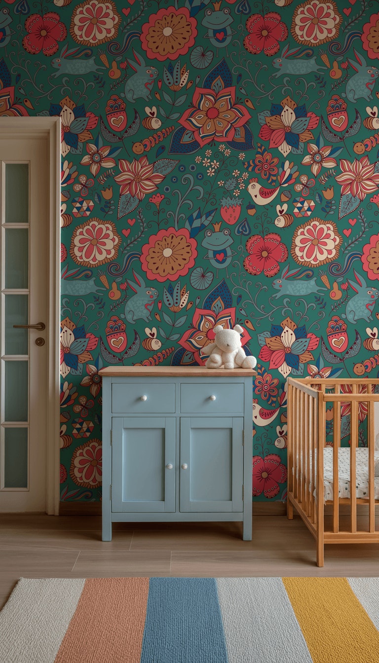 Teal Bohemian Jungle Animal and Floral Wallpaper
