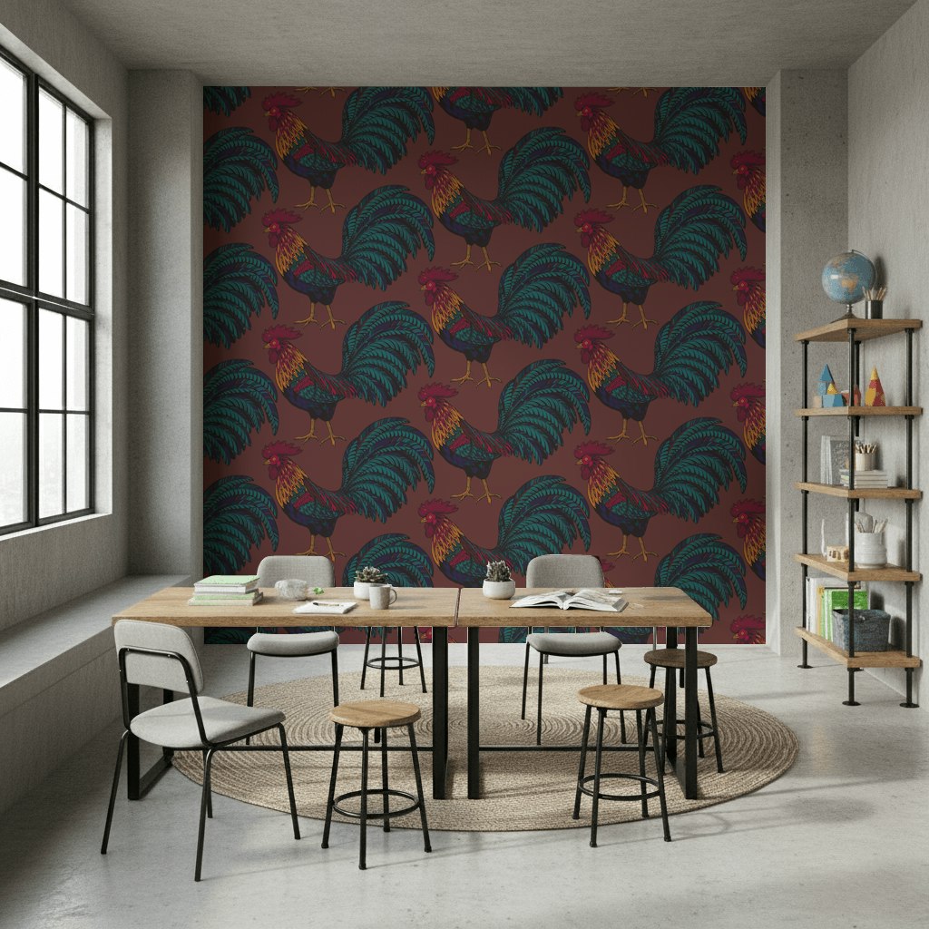 Deep Burgundy Rooster Pattern Wallpaper