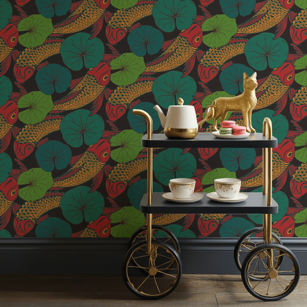Bold Koi Fish and Lotus Leaf Wallpaper