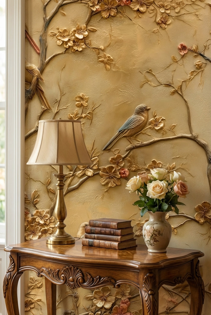 Golden Look Vintage Blossom and Bird Wallpaper