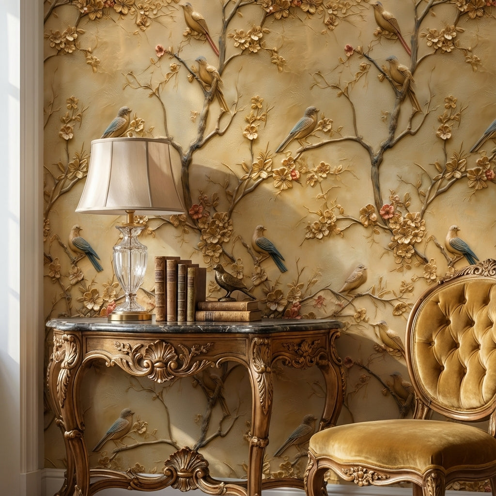 Golden Look Vintage Blossom and Bird Wallpaper