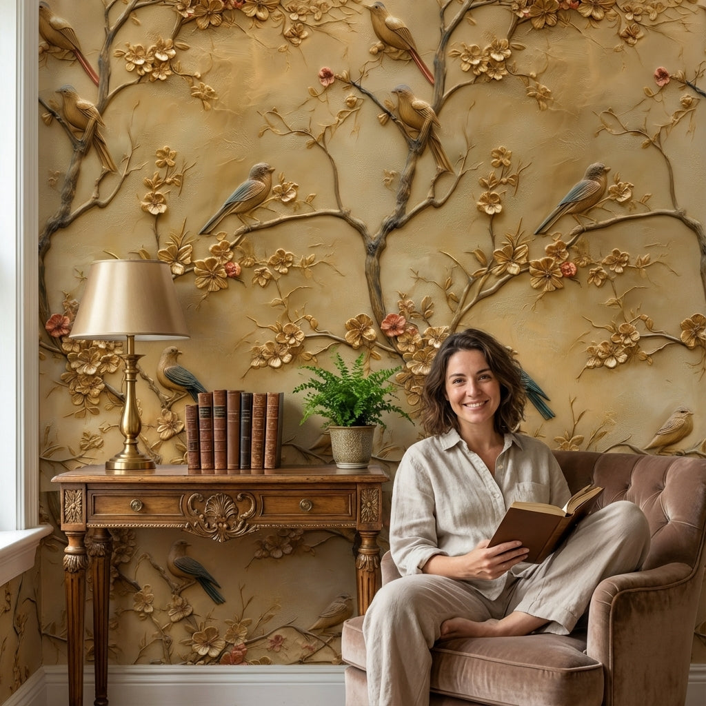Golden Look Vintage Blossom and Bird Wallpaper