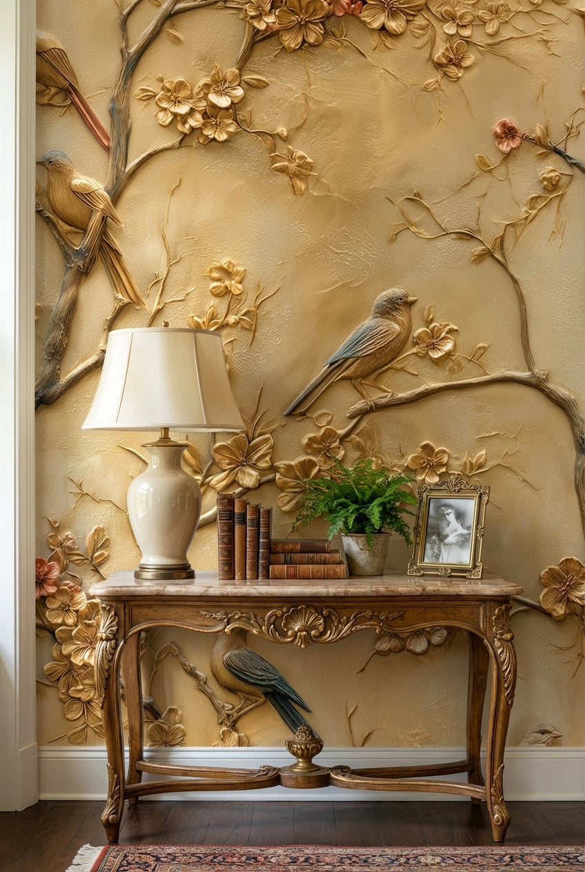 Golden Look Vintage Blossom and Bird Wallpaper