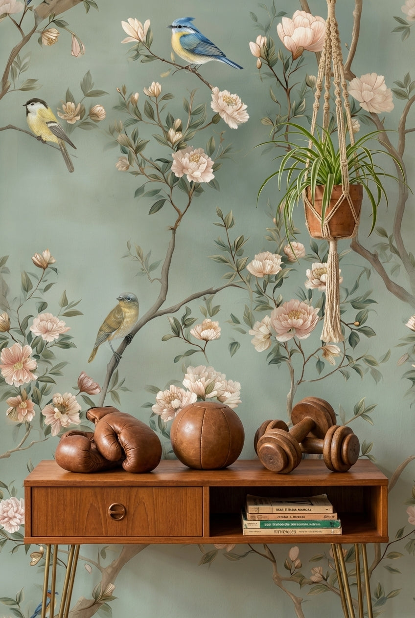 Sage Green Pastel Bird and Blossom Wallpaper