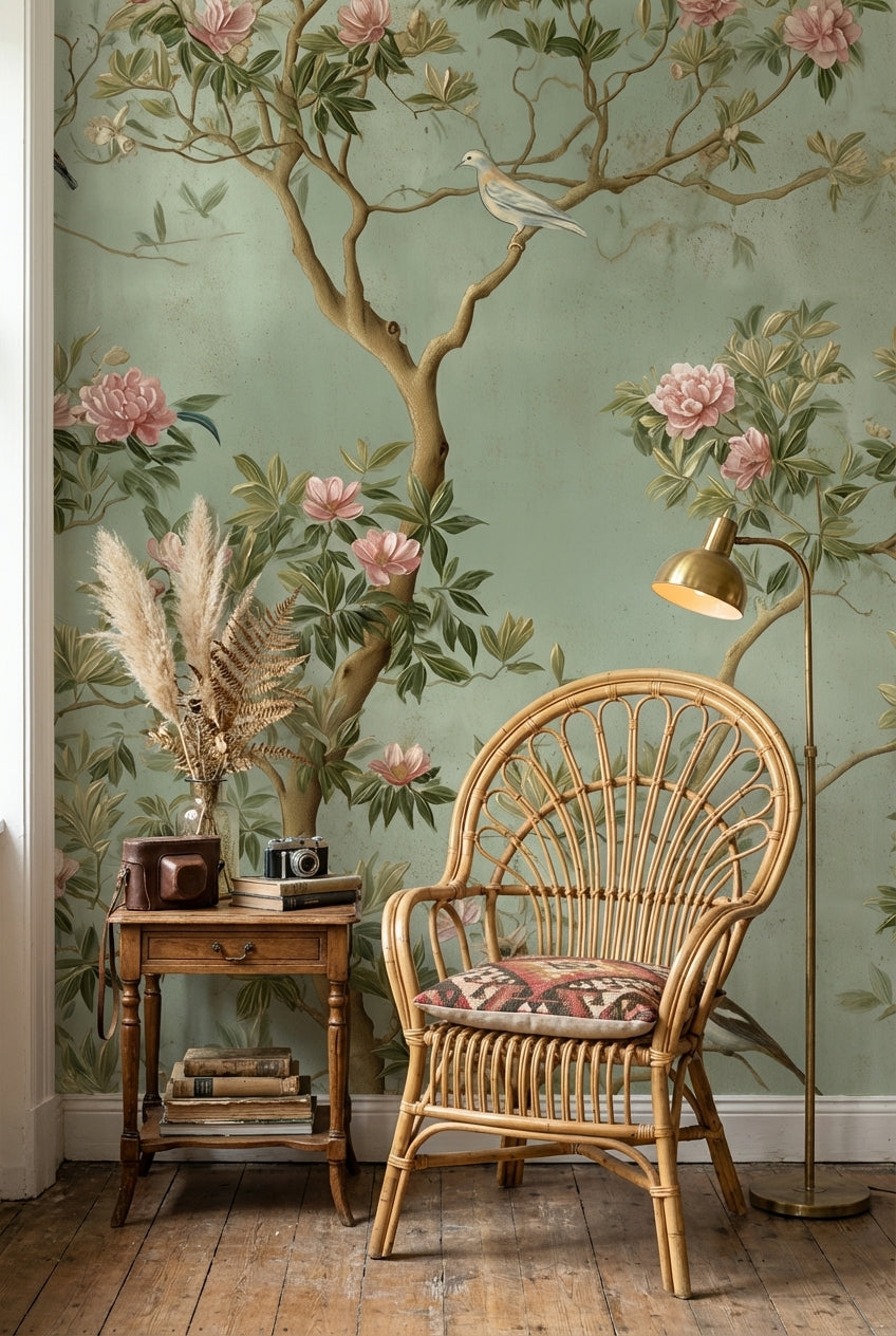 Sage Green Peony and Bird Vintage Wallpaper