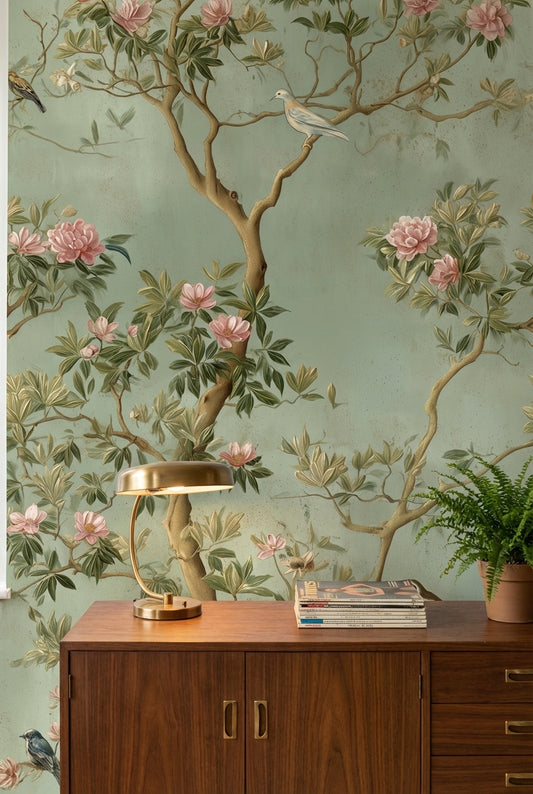 Sage Green Peony and Bird Vintage Wallpaper