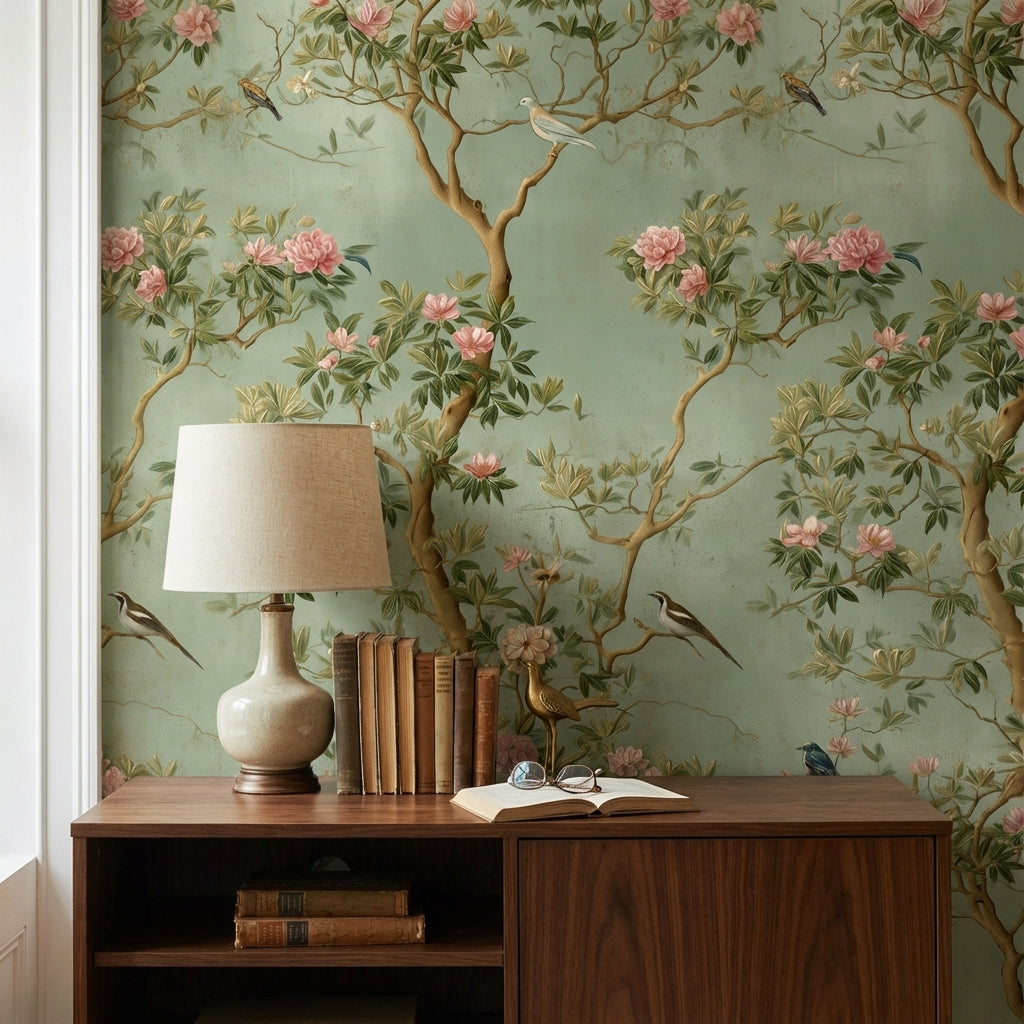 Sage Green Peony and Bird Vintage Wallpaper