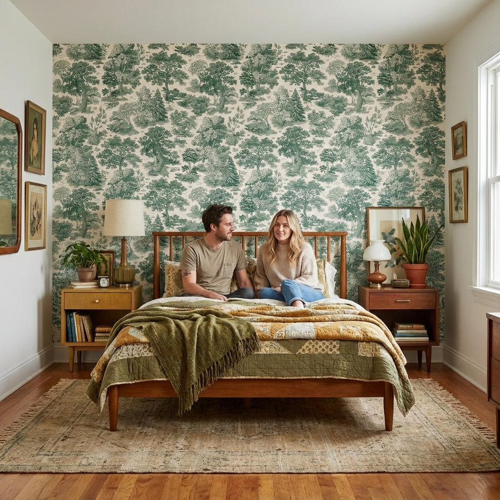 Beige and Green Traditional Botanical Wallpaper