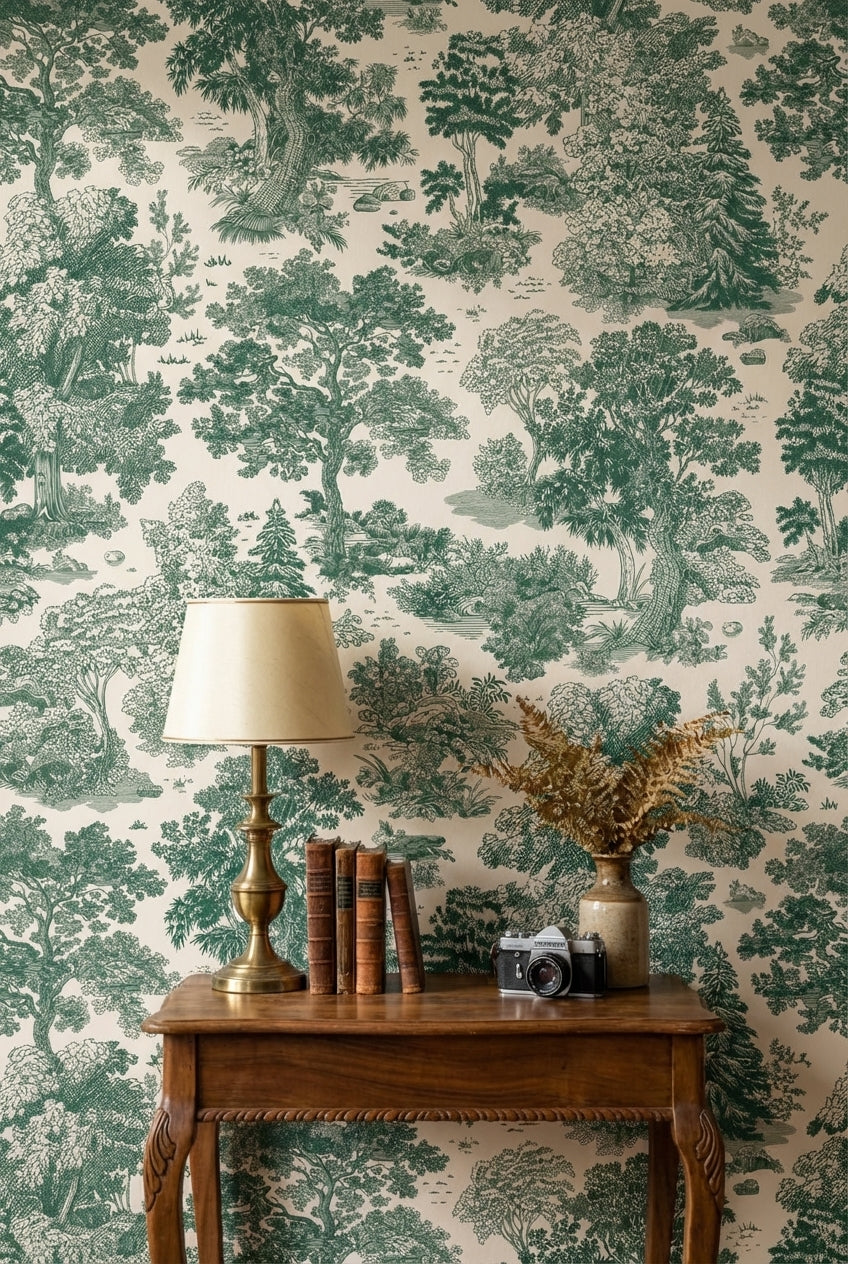 Beige and Green Traditional Botanical Wallpaper