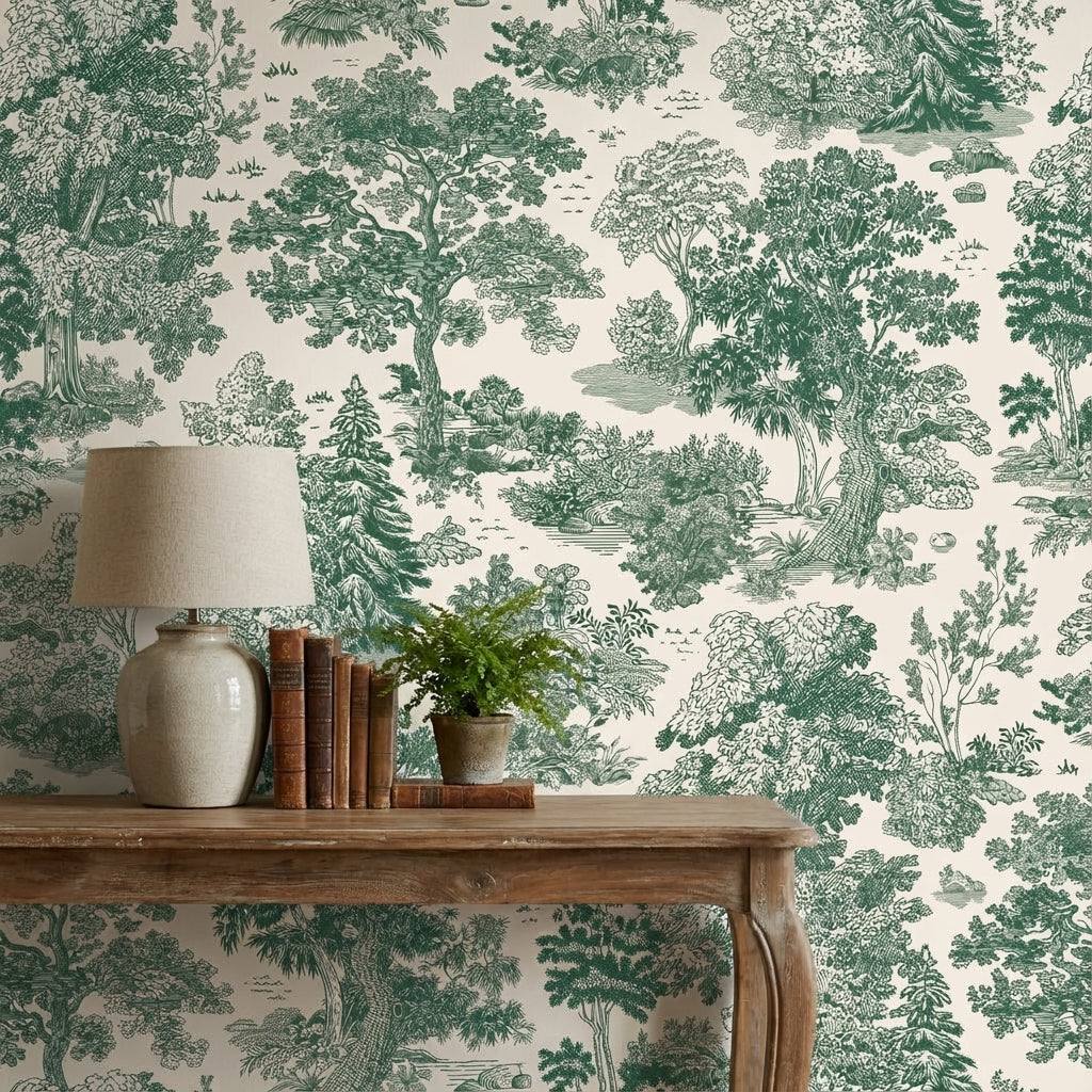 Beige and Green Traditional Botanical Wallpaper