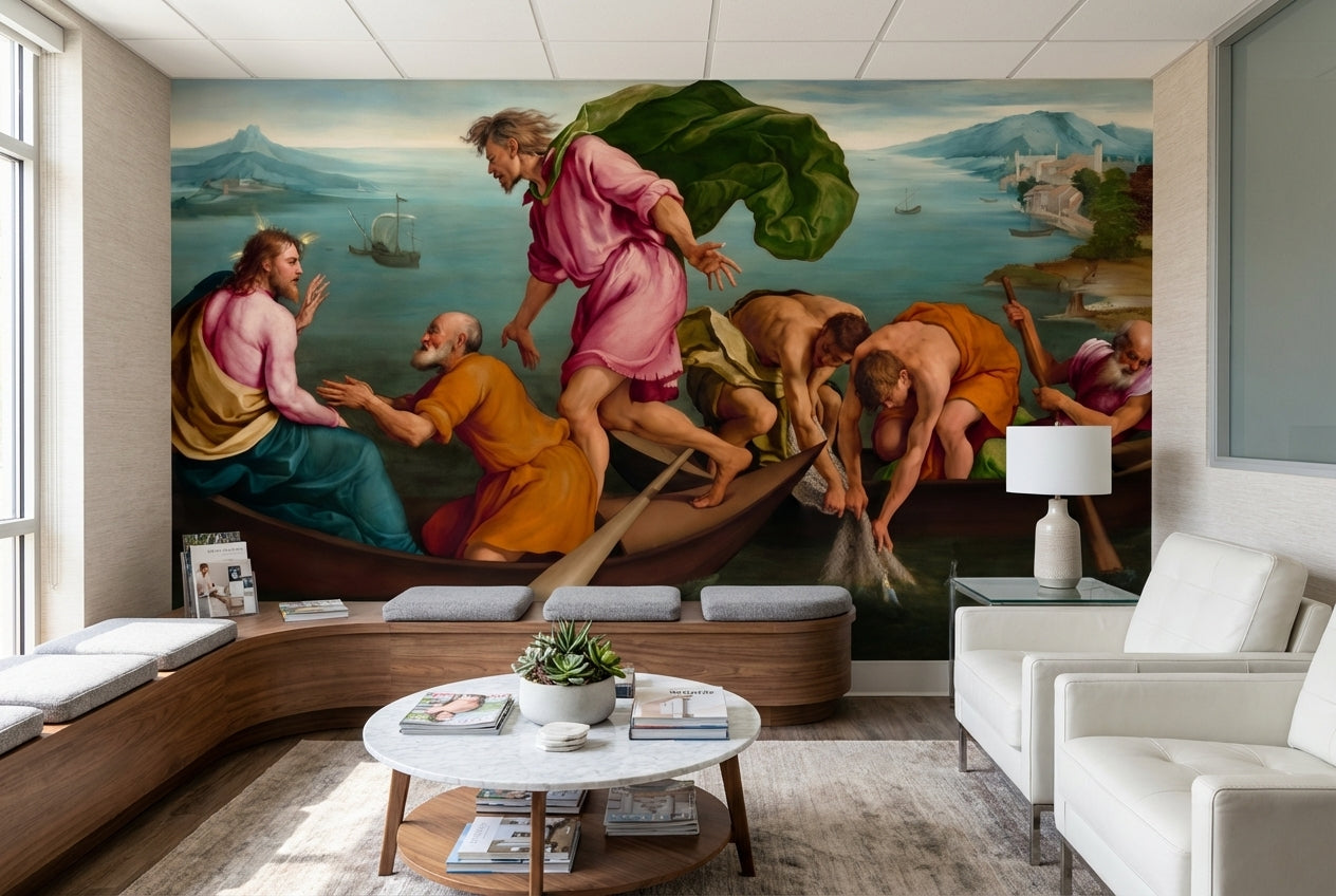 Mediterranean Painting Wallpaper Boats Sea Wall Mural