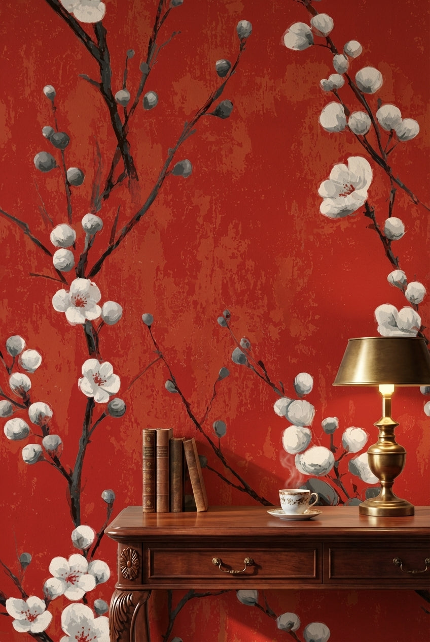 Rich Red Cherry Blossom Floral Wallpaper