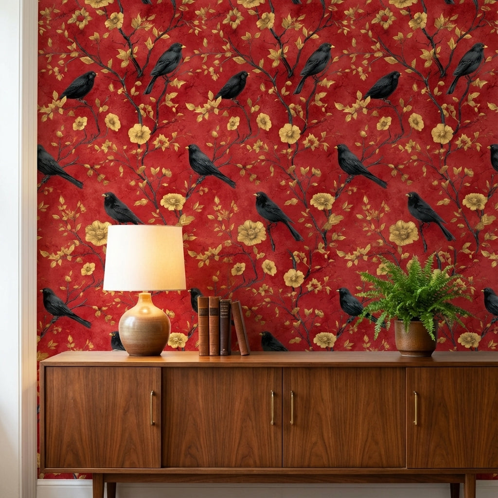 Deep Red Vintage Bird and Floral Wallpaper