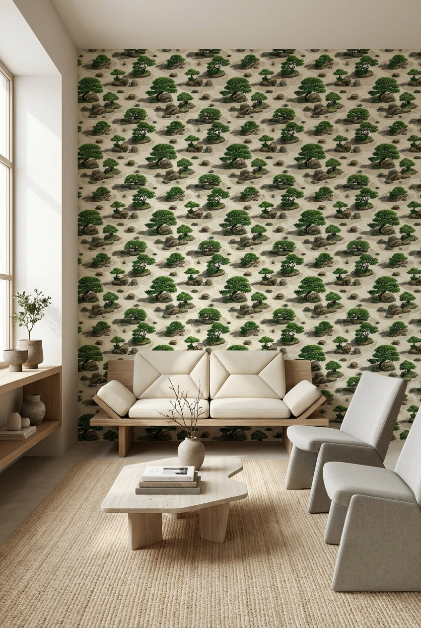 Beige Japanese Zen Garden Botanical Wallpaper