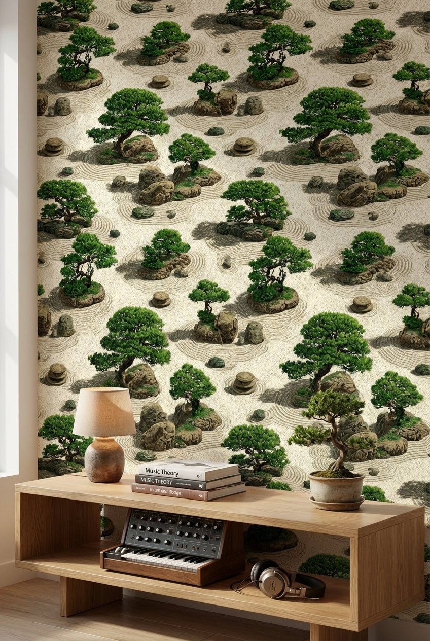 Beige Japanese Zen Garden Botanical Wallpaper