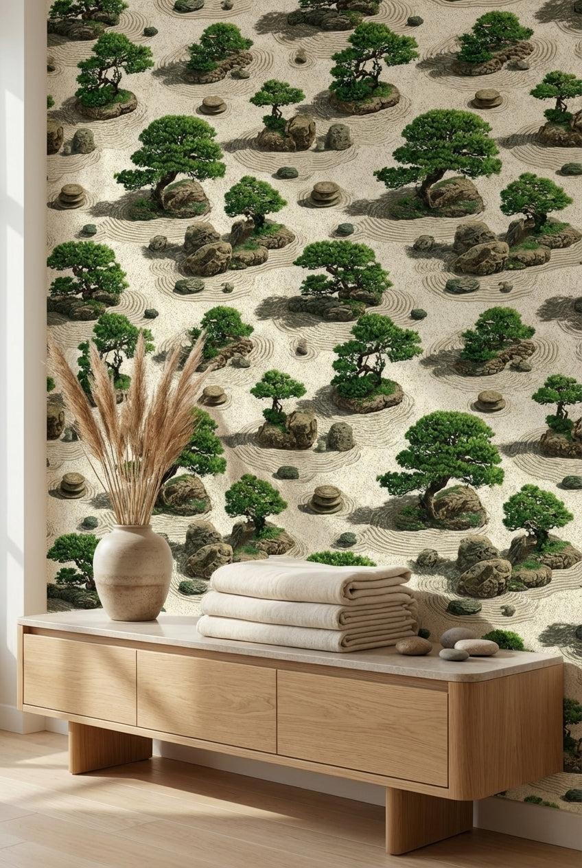 Beige Japanese Zen Garden Botanical Wallpaper