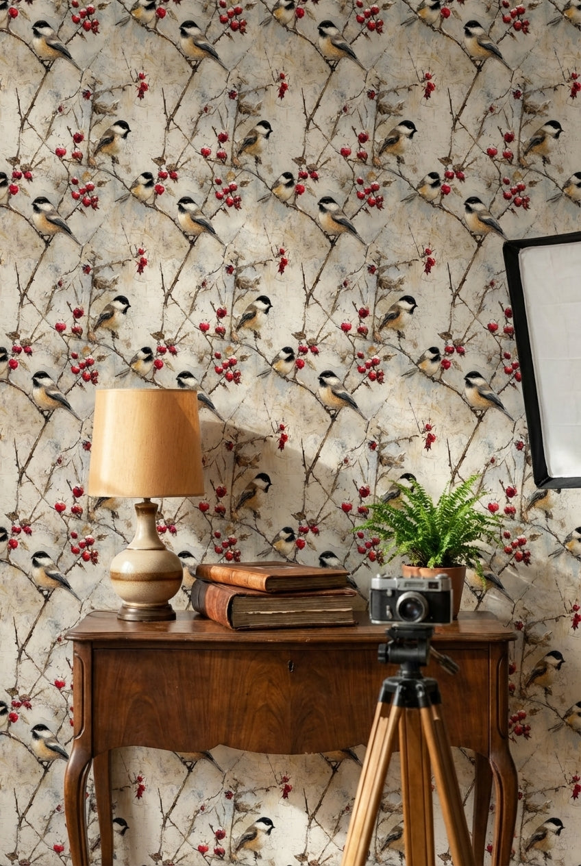 Beige Rustic Bird and Berry Wallpaper