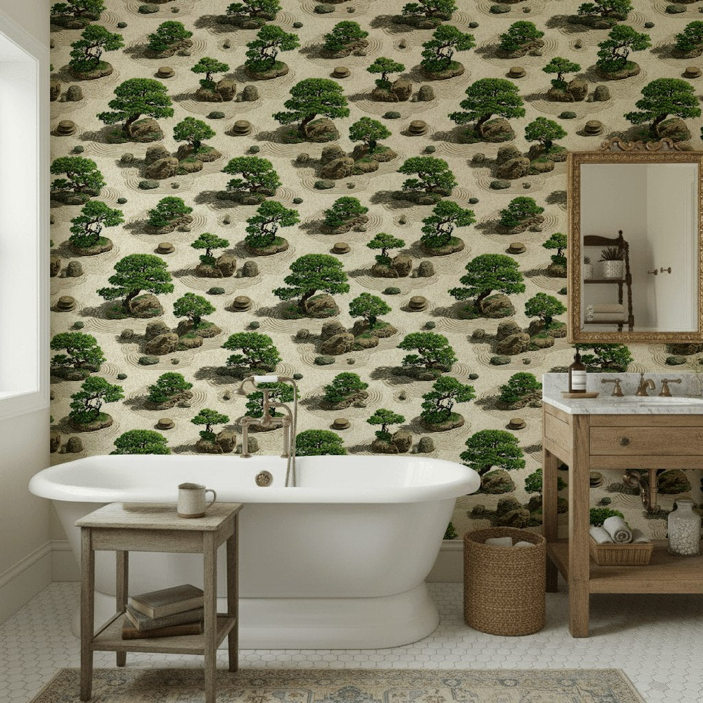 Beige Japanese Zen Garden Botanical Wallpaper