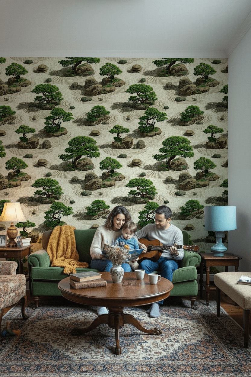 Beige Japanese Zen Garden Botanical Wallpaper