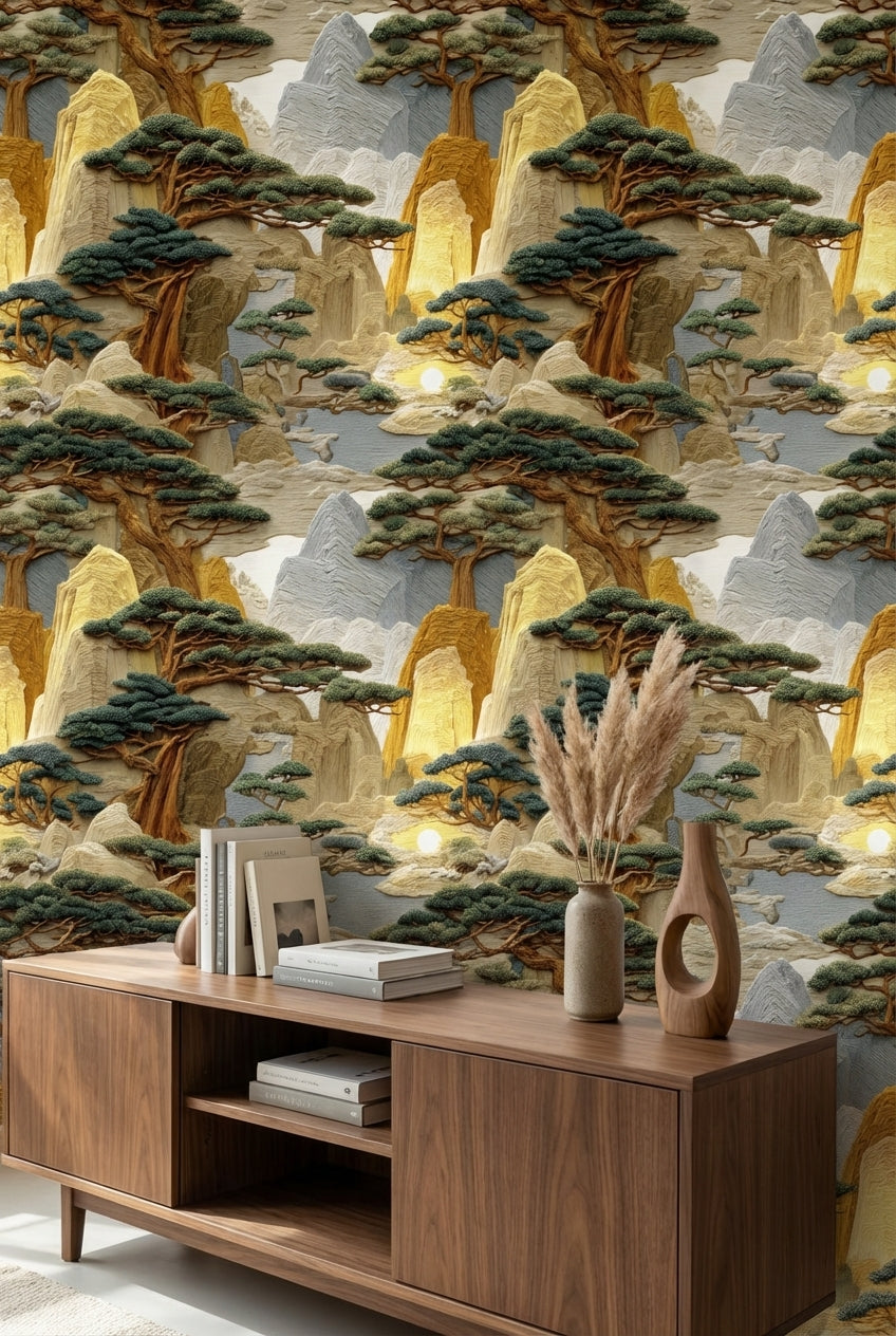 Warm Beige Japanese Mountain Landscape Wallpaper