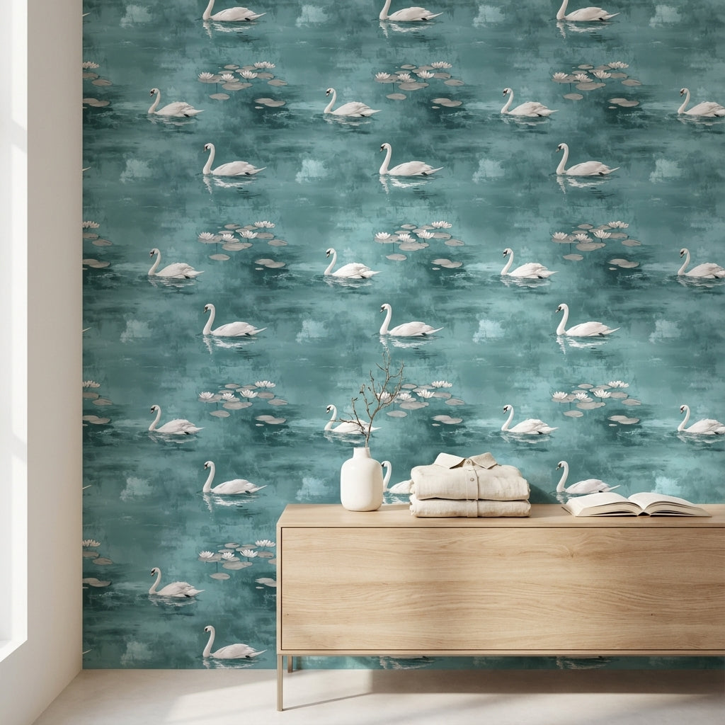 Teal Serenity Swan Lake Scene Wallpaper