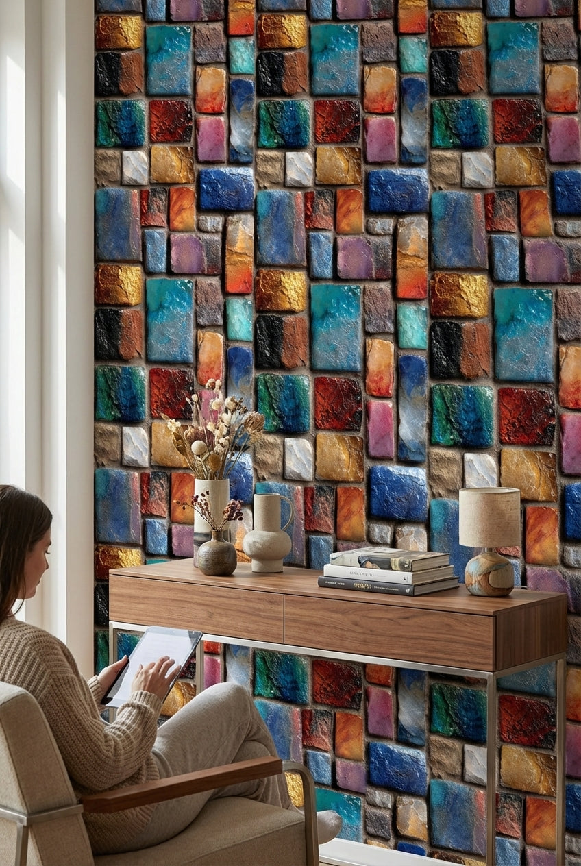 Multicolor Textured Abstract Brick Pattern Wallpaper