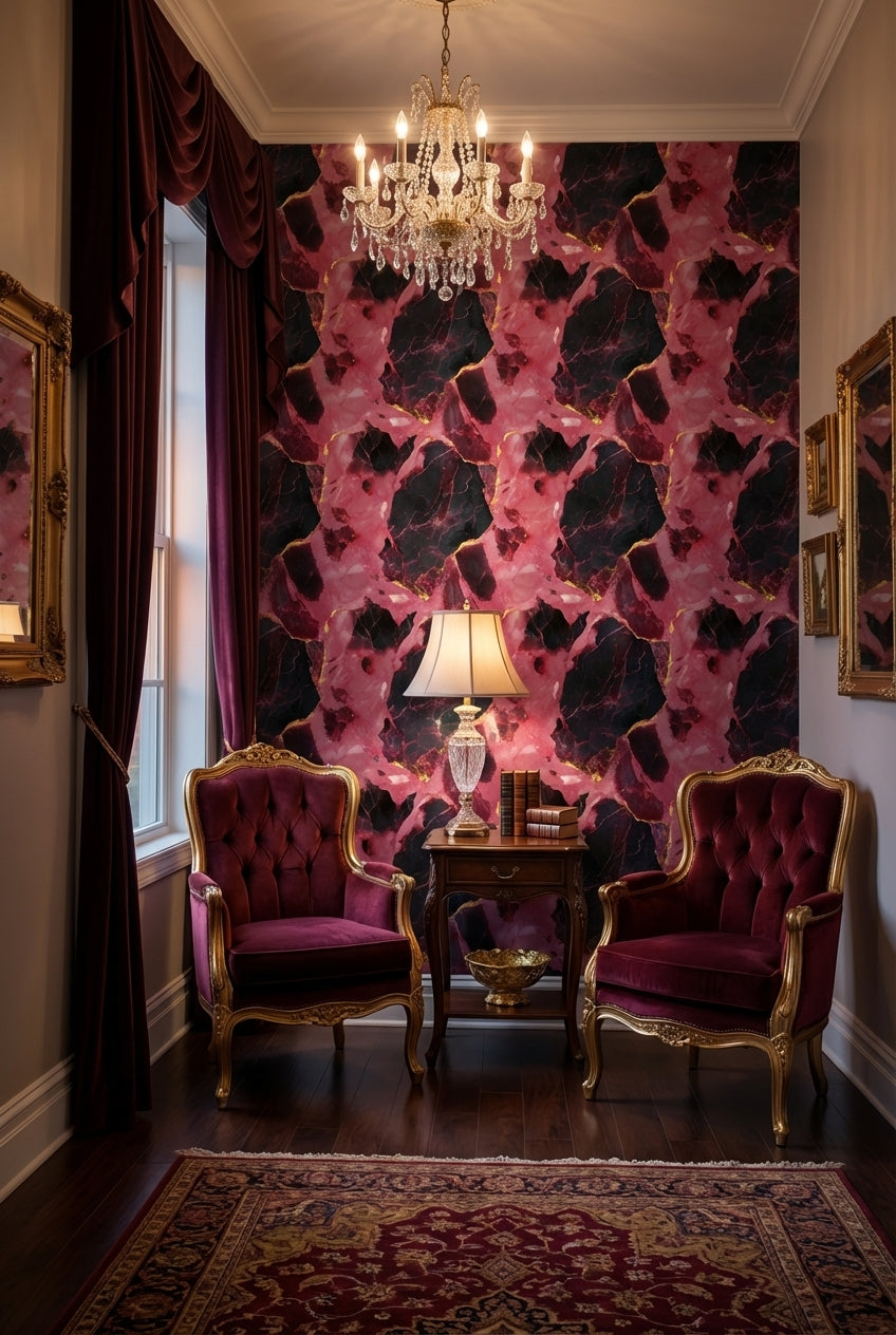 Dark Pink and Black Abstract Marble Pattern Wallpaper