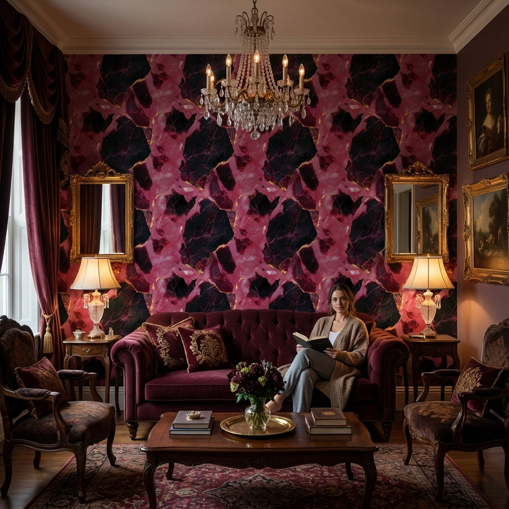 Dark Pink and Black Abstract Marble Pattern Wallpaper