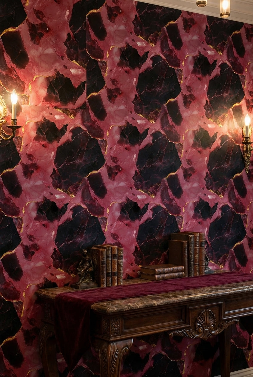 Dark Pink and Black Abstract Marble Pattern Wallpaper