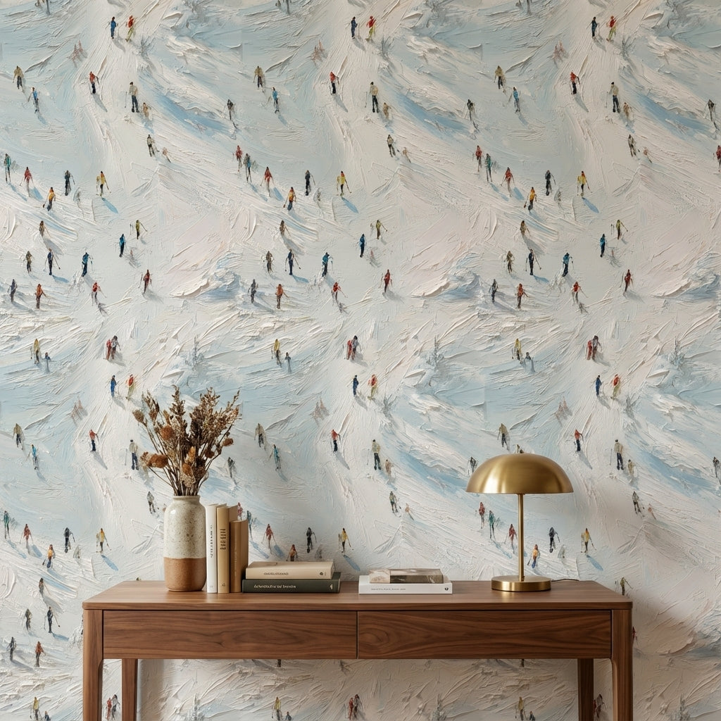 Bright Skiers on Snowy Abstract Wallpaper