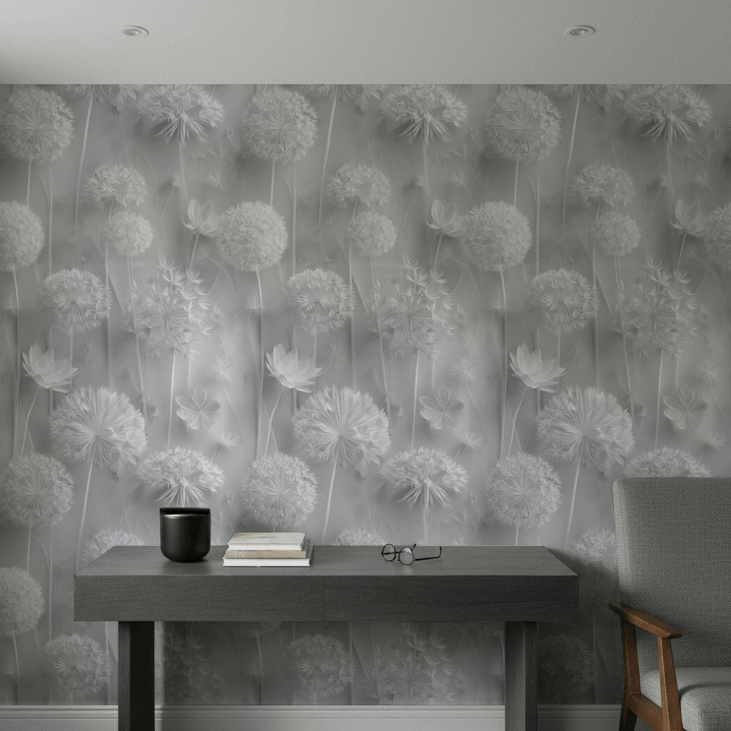 Gray Monochrome Large Floral Wallpaper