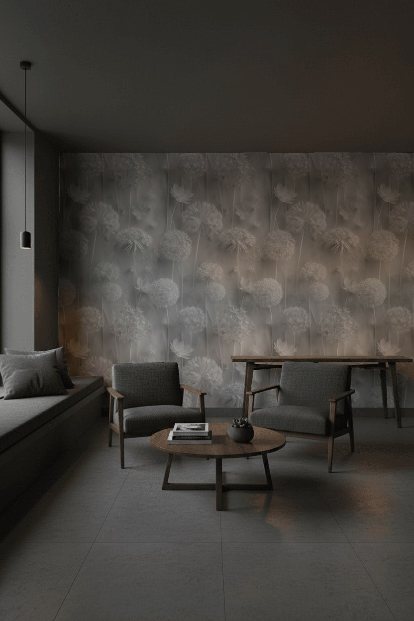 Gray Monochrome Large Floral Wallpaper