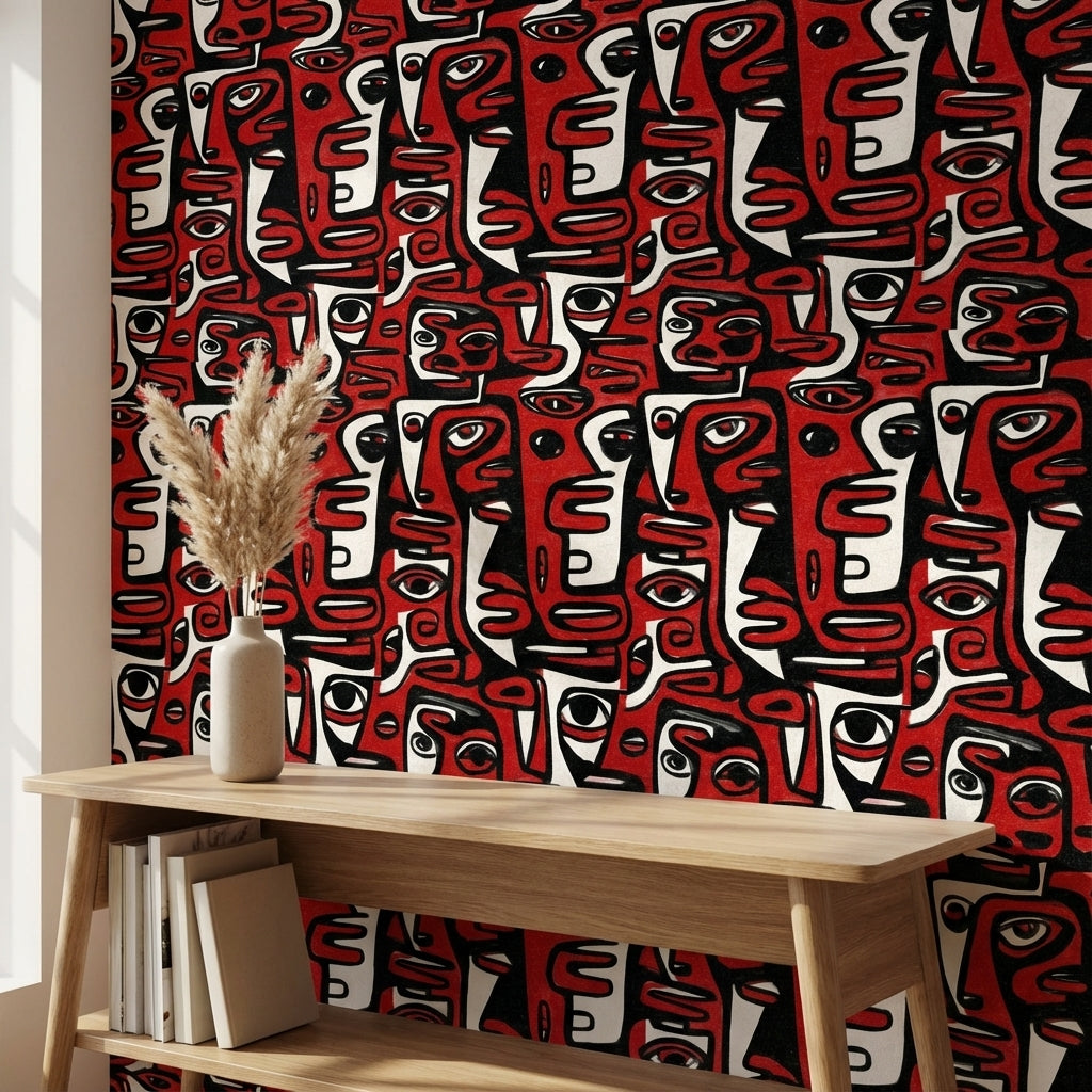 Bold Red and Black Abstract Faces Wallpaper