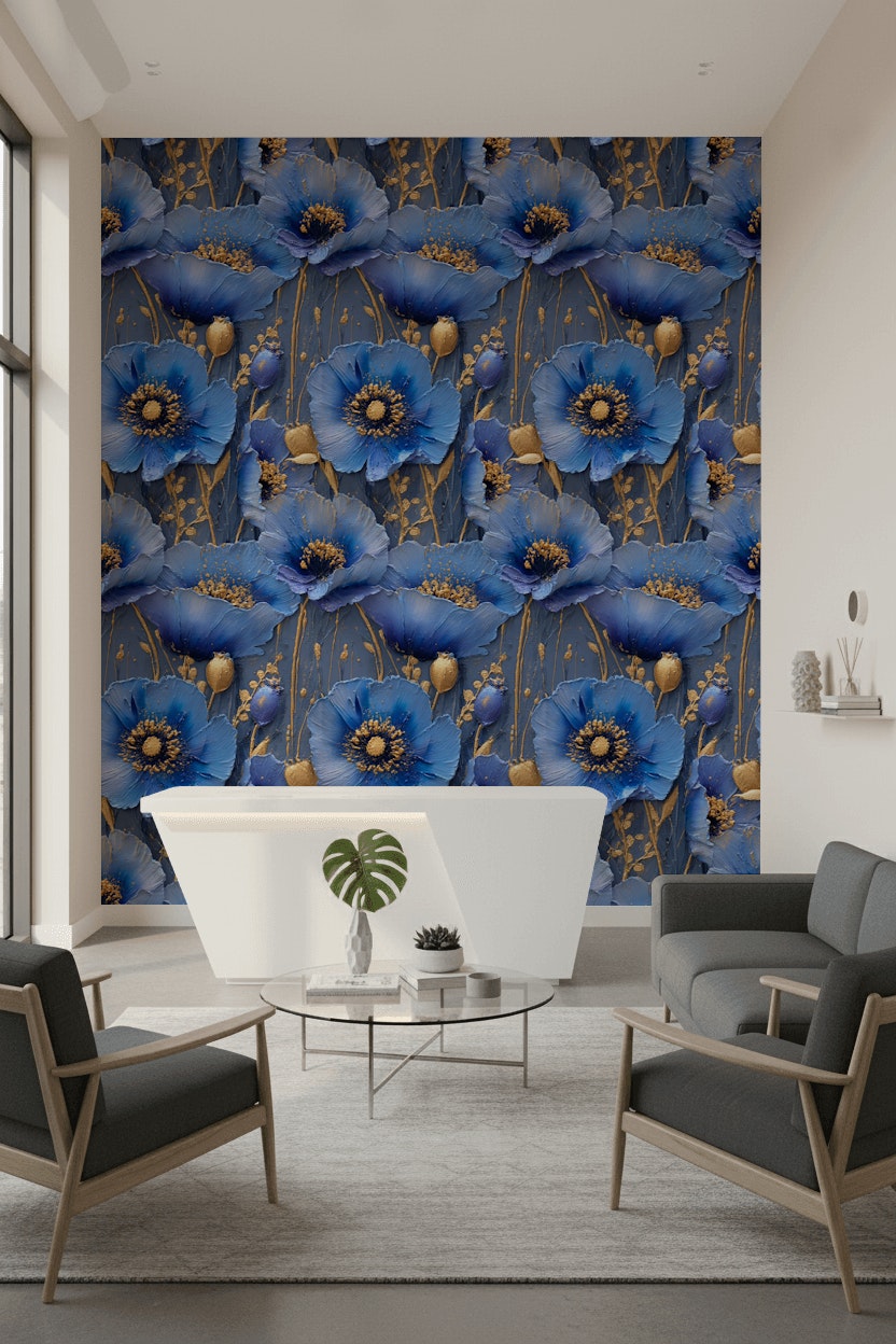 Royal Blue and Gold Look Large Floral Wallpaper