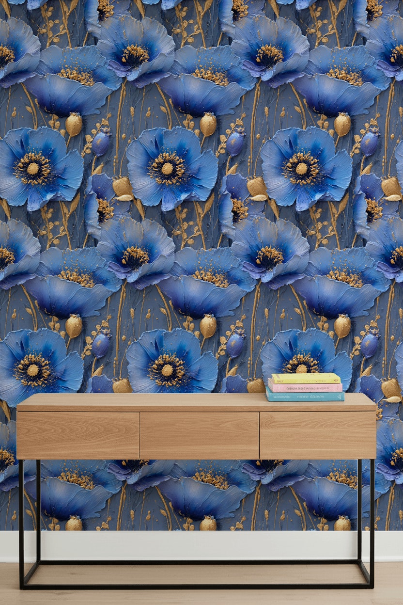 Royal Blue and Gold Look Large Floral Wallpaper