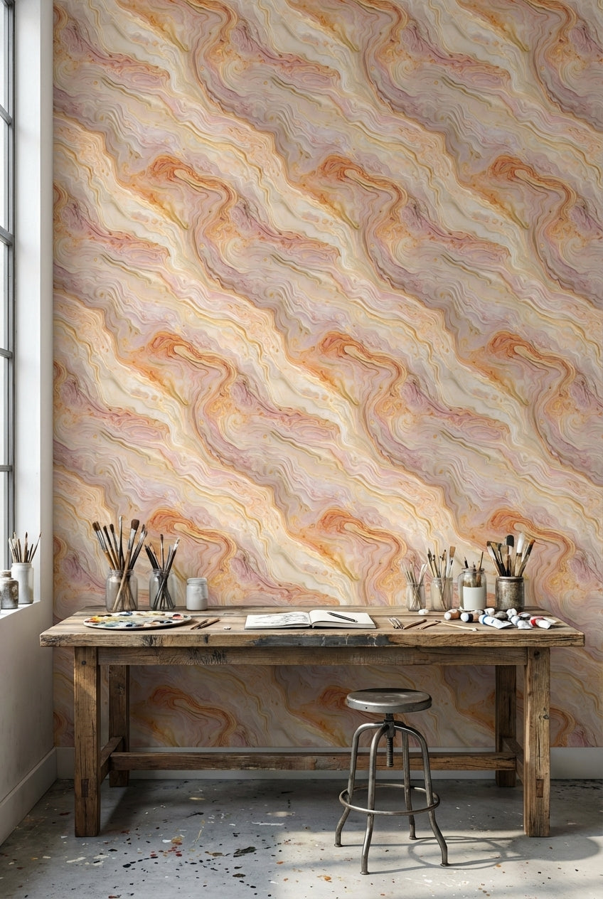 Warm Cream and Orange Marble Swirl Wallpaper