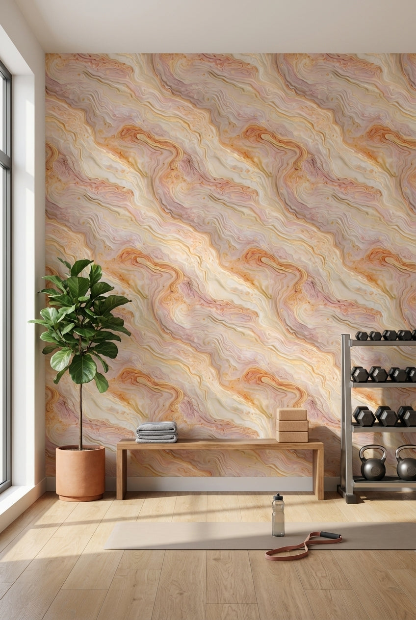 Warm Cream and Orange Marble Swirl Wallpaper