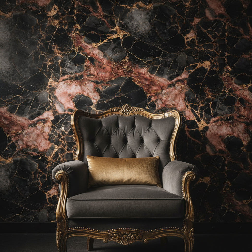 Rich Burgundy and Black Marble Effect Wallpaper