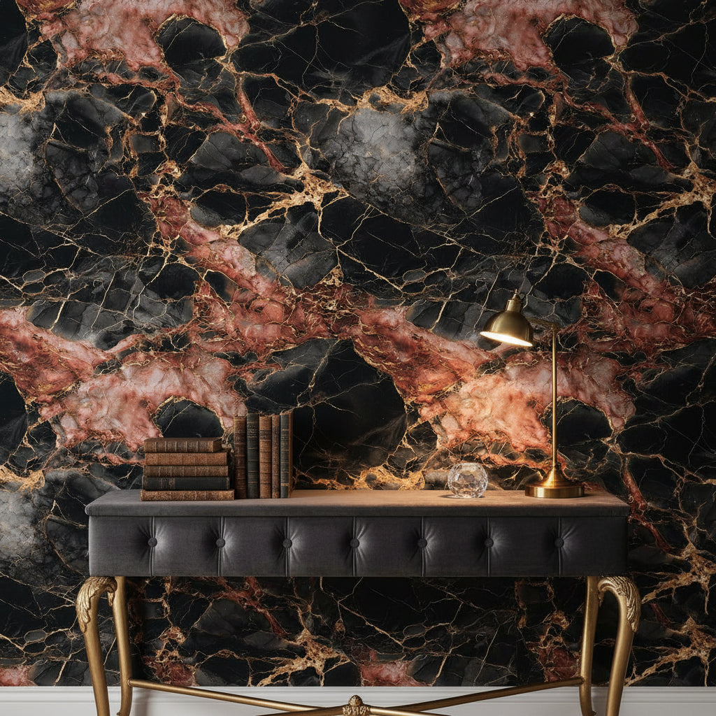 Rich Burgundy and Black Marble Effect Wallpaper