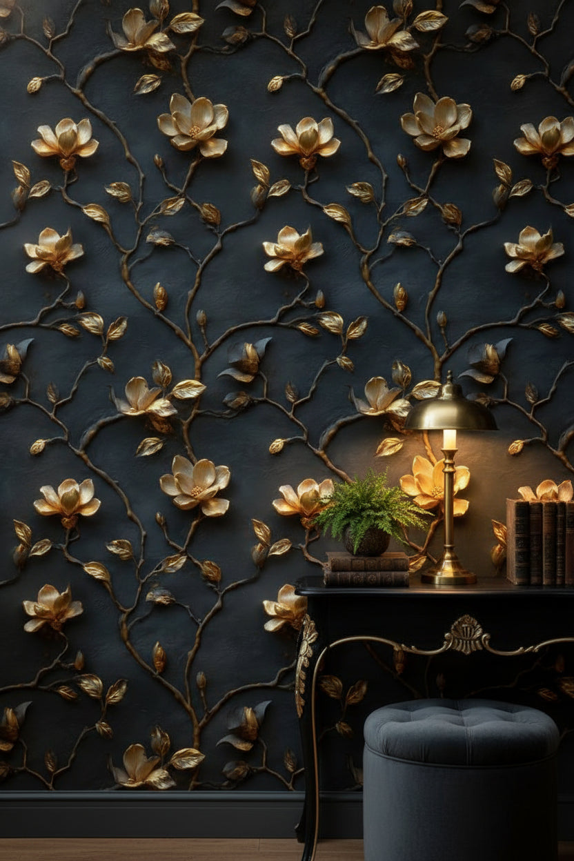 Gold Look Magnolia Branches on Dark Background Wallpaper