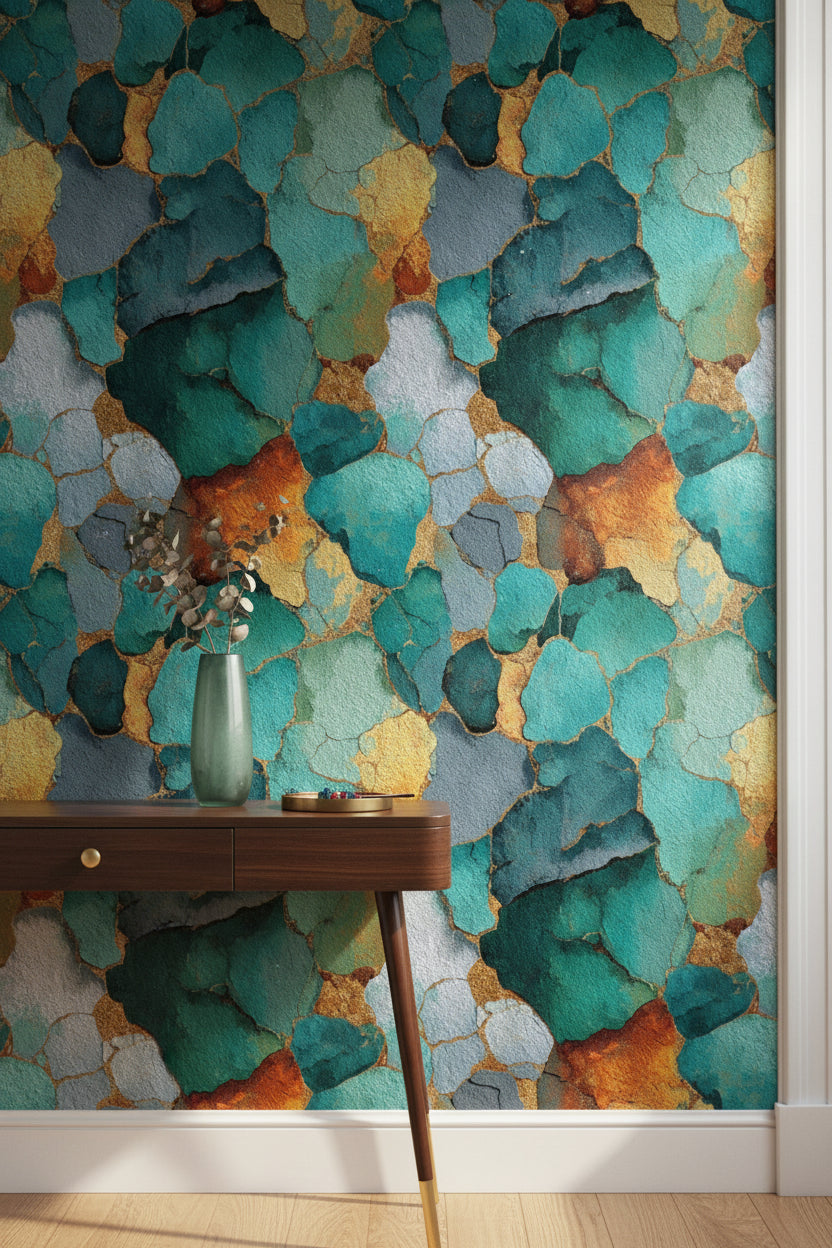 Teal and Gold Look Abstract Organic Wallpaper