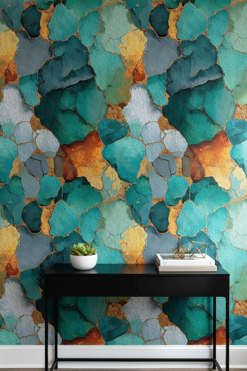 Teal and Gold Look Abstract Organic Wallpaper