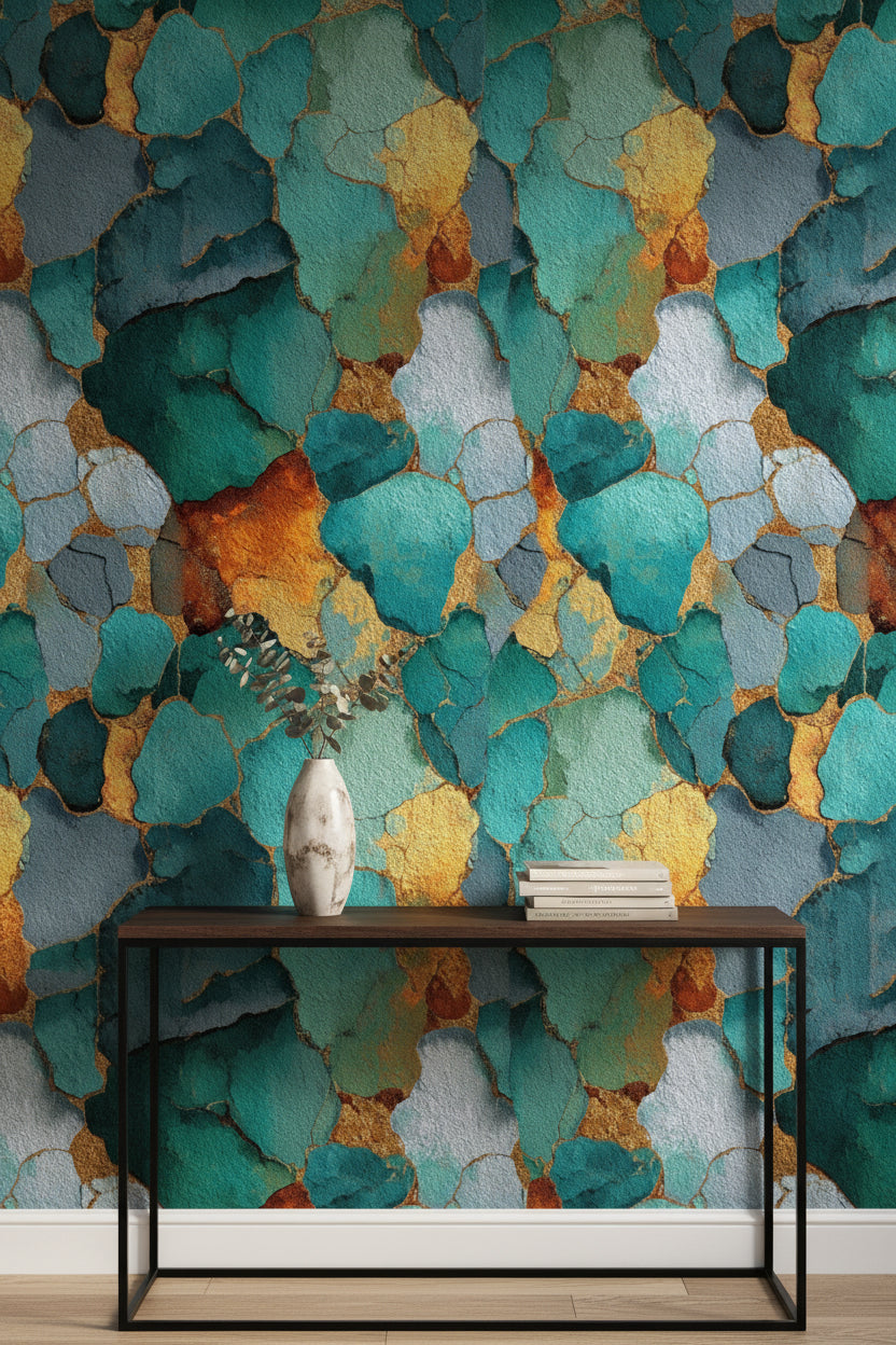 Teal and Gold Look Abstract Organic Wallpaper