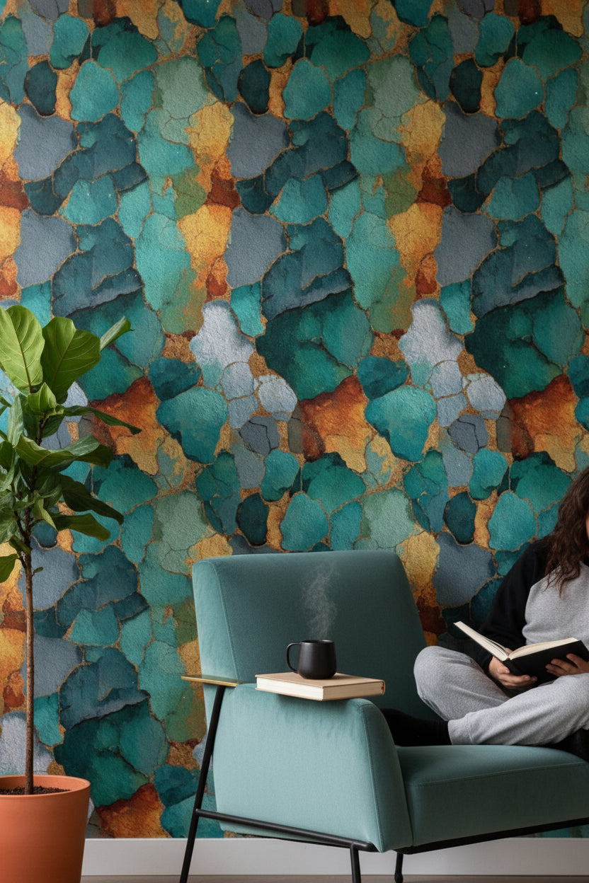 Teal and Gold Look Abstract Organic Wallpaper