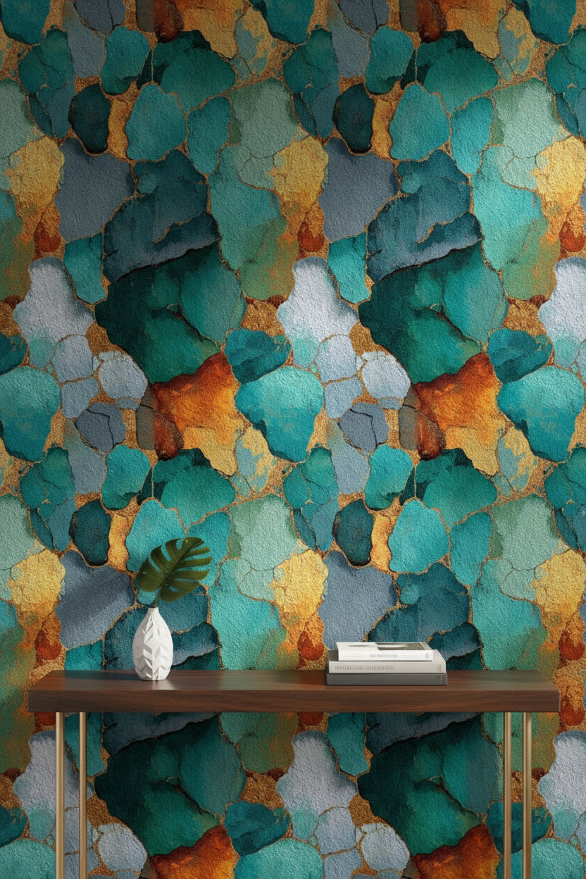 Teal and Gold Look Abstract Organic Wallpaper