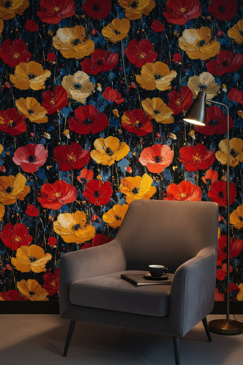 Bold Black Background Wildflower Floral Wallpaper