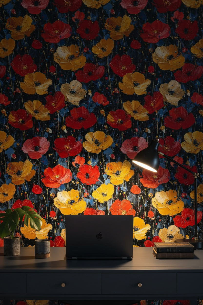 Bold Black Background Wildflower Floral Wallpaper