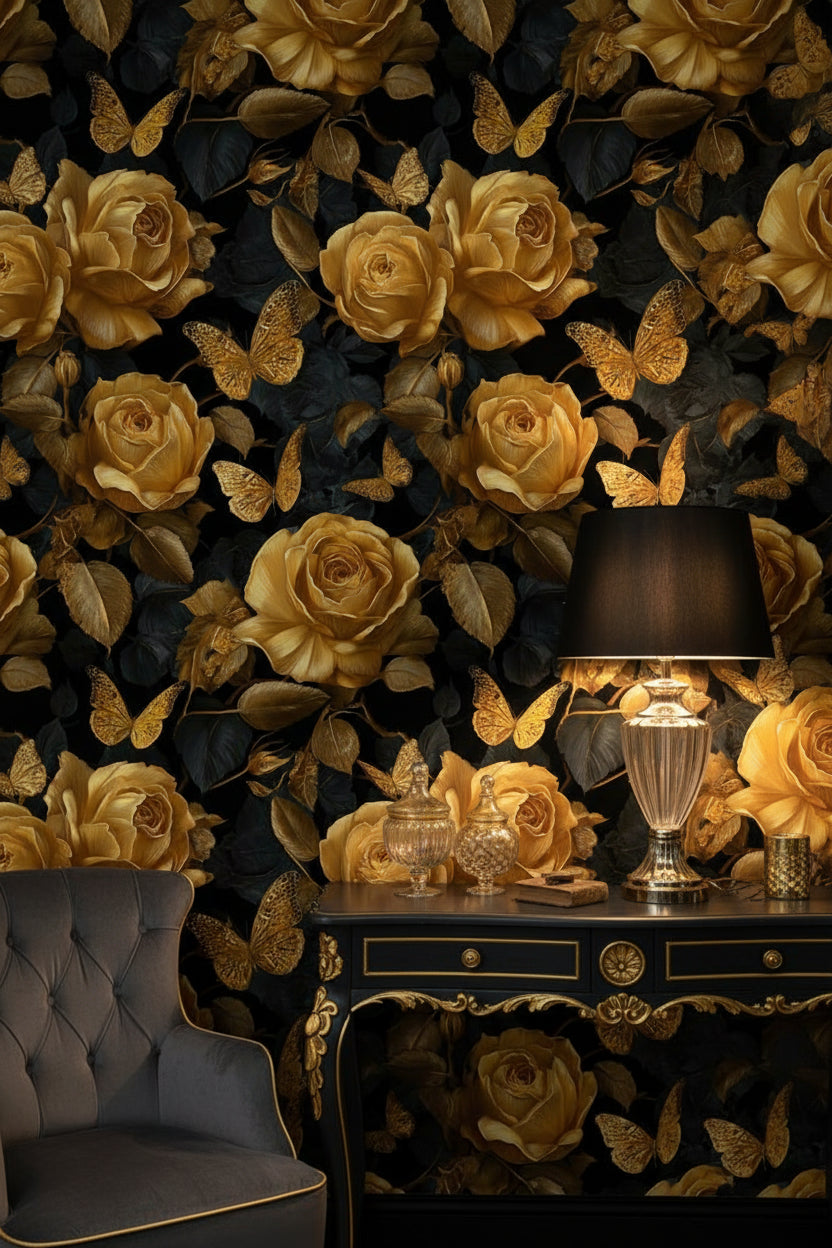 Golden Look Rose and Butterfly Black Wallpaper